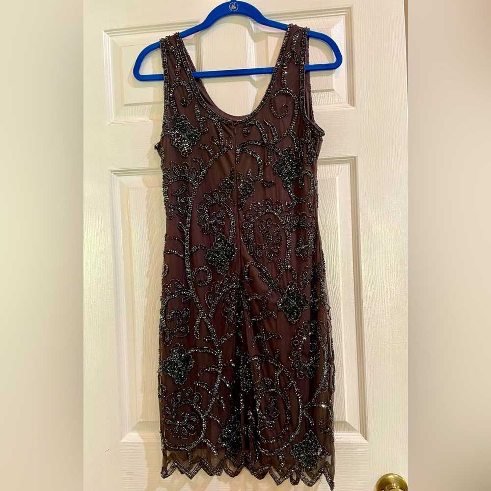 Prelude Black Beaded/Sequin Mini Cocktail Dress 6 NWOT Sleeveless, scalloped hem